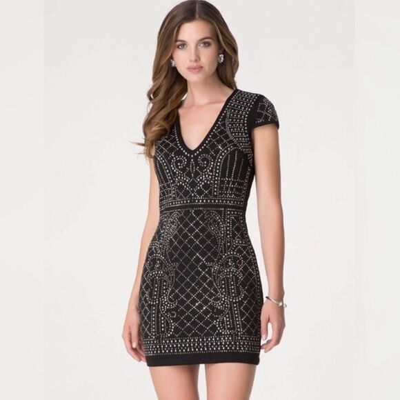 Bebe Embellished Black Quilted Dress Contemporary Feminine Party Event Evening - Picture 1 of 16